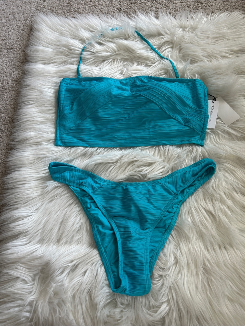 NWT BCBGeneration Teal Ribbed Bandeau Bikini Set with Removable Strap